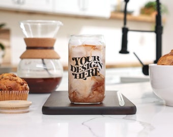 Maqueta de vaso de vidrio transparente de 16 oz, compatible con Canva, jpeg, descarga digital