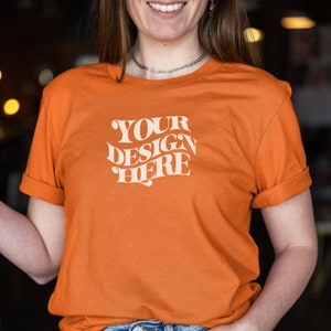 Bella Canvas 3001 Orange Mockup, Bella Canvas 3001 Mockup Orange, Fall Shirt Mock up, Model Mockup Tshirt, Orange T-Shirt Mockup POD Mockup