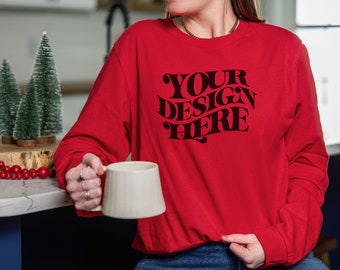 Red Bella Canvas 3501 Long Sleeve Mockup: Unisex T-Shirt, Digital Download, Christmas, Canva, JPEG