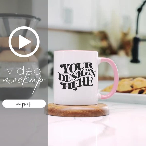 Video Mug Mockup, Two Tone Mug Mockup, Pink Accent Mug, Pink Video Mockup for 11oz Mug, MP4 Template for Coffee Cup, Red Handle Mug Mock