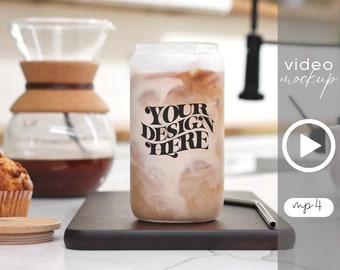Maqueta de video de vaso de vidrio esmerilado: Libbey Glass de 16 oz, mp4, descarga digital, compatible con Canva