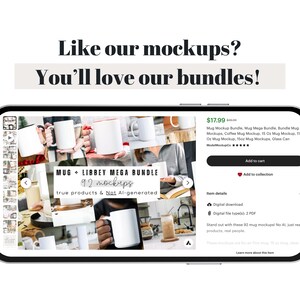 May include: A phone screen displaying a digital product listing for a bundle of 92 mug mockups. The listing includes a collage of images showing different mugs in various settings. The text on the screen reads "Mug + Libbey Mega Bundle 92 mockups true products & Not AI-generated".