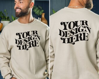 Maqueta de sudadera Gildan 18000 color arena: parte delantera y trasera, modelo masculino, jpeg, compatible con Canva, descarga digital