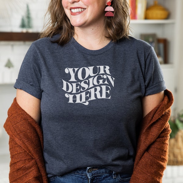 Bella Canvas 3001 Mockup, Winter Mockup, Bella Canvas Heather Navy Shirt Mockup, Model Mockup, Winter Mockup, Heather Navy Christmas Mockup