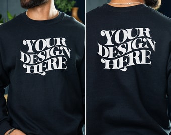 Maqueta de sudadera negra Gildan 18000: Anverso y reverso, imagen dividida, JPEG, descarga digital, compatible con Canva