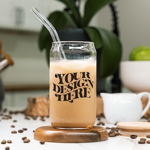 16oz Glass Can Mockup, Libbey Glass Mockup, 16oz Clear Soda Can Glass with Bamboo Lid, Glass Cup Mockup, Libbey Mock Up, Coffee Cup Mock up