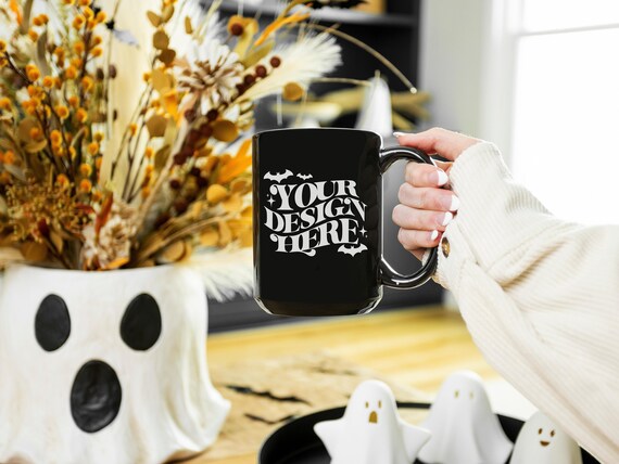 Halloween Black Mug Mockup, 15 oz Mug Mock Up, JPG, Digital Download, Canva Compatible