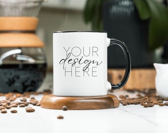 Zweifarbiges Kaffeetassen-Modell: 11 Unzen Keramiktasse mit schwarzem Griff, Canva-kompatibel, digitaler Download, JPEG