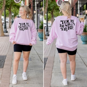 Pink Front and Back Gildan 18000 Mockup, Gildan 18000 Mockup, Fall Sweatshirt Mockup, Pink Gildan Sweatshirt Mockup, Oversized Mockup Model