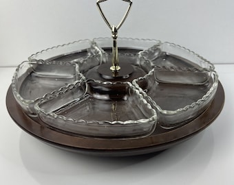 Vintage Vermillion Walnut Lazy Susan Divided Serving Platter Wood And Glass