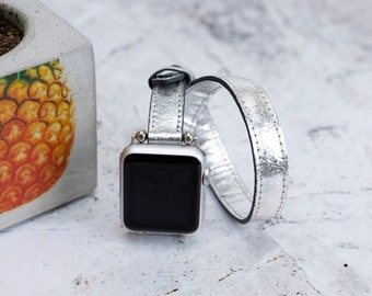 Slim Silver Pineapple Leaf (Piñatex) Watch Band - Compatible with Apple Watch Series 1-8