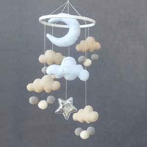 Mobile per culla, mobile per neonati, mobile neutro per neonati, decorazione per cameretta con nuvole, mobile a forma di luna, mobile monocromatico, mobile da soffitto