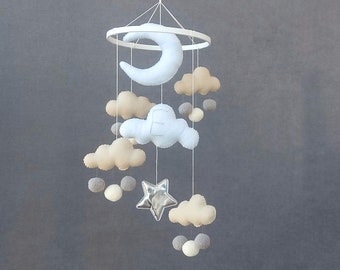 Crib mobile nursery, Baby mobile, Neutral baby mobile, Cloud nursery decor, Moon mobile, Monochrome mobile, Ceiling mobile