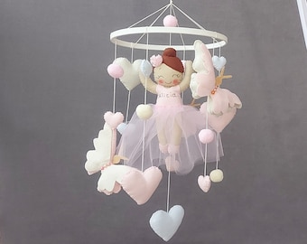 Baby mobile girl ballerina, crib mobile nursery with butterflies, pom poms and hearts for baby girl nursery, Felt mobile baby shower gift