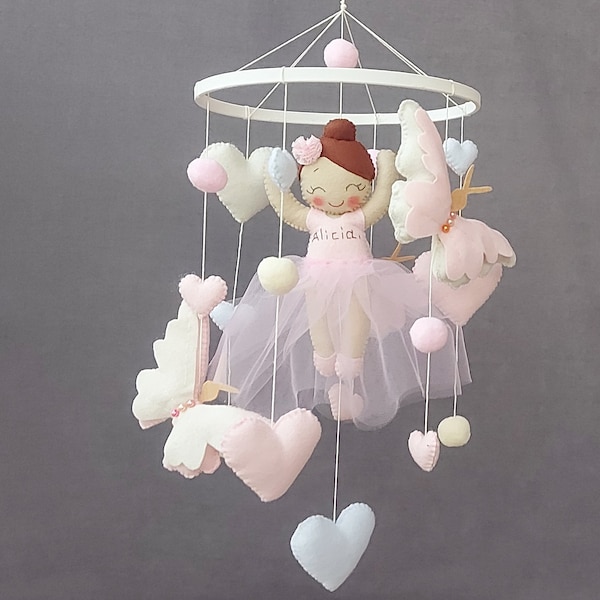 Baby mobile girl ballerina, crib mobile nursery with butterflies, pom poms and hearts for baby girl nursery, Felt mobile baby shower gift