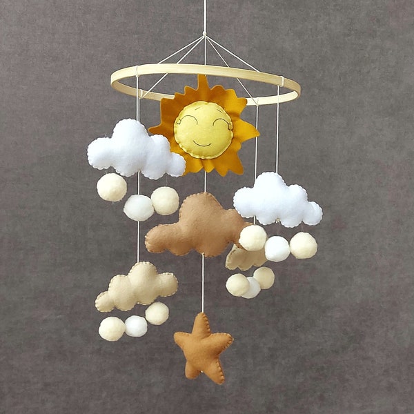 Sun baby mobile, Crib mobile nursery, Sky theme mobile, Felt baby mobile, Cloud nursery mobile, Nursery Decor, Neutral baby mobile