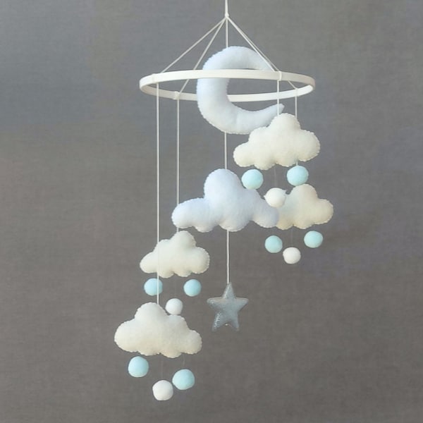 Cloud baby mobile, Baby crib mobile, Neutral baby mobile, Moon mobile, Monochrome mobile, Nursery Decor, Cloud decor