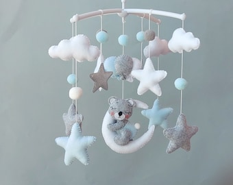 Sky blue mobile, Stars mobile, Crib mobile, Baby mobile boy, Cloud mobile Moon and Star, Nursery decor, Felt mobile Baby shower gift