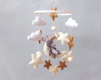 Bunny baby mobile, Woodland mobile, Neutral baby mobile, Bunny nursery decor, Cloud mobile, Nursery Decor, Cloud decor