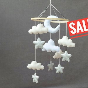 Crib Mobile, Cloud Nursery Mobile, BABY MOBILE, Stars and moon Mobile, Mobile nursery with silver stars, Montessori mobile, Nursery Decor