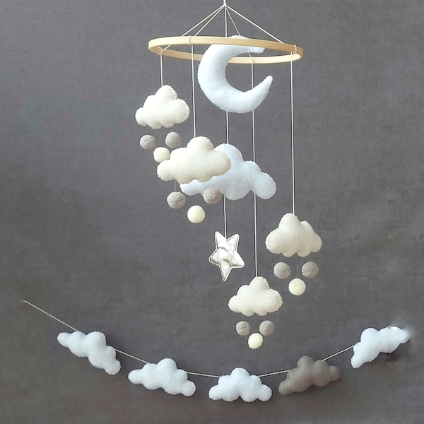 Monochrome baby mobile, Crib mobile nursery, Ceiling mobile, Neutral baby mobile, Cloud mobile, Moon mobile, Nursery Decor, Cloud decor