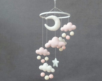 Crib Mobile for nursery decor, Cloud mobile, Moon Mobile, RAINBOW BABY MOBILE, Felt ball mobile nursery, Montessori mobile, Cot mobile