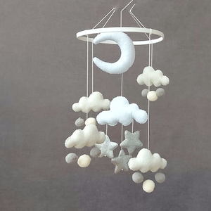 Minimalist baby mobile White Gray, Cloud nursery mobile, Gender neutral baby mobile, Raindrops mobile