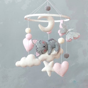 Baby mobile cat, Cat decor, Baby shower gift girl, Butterfly mobile girl nursery decor, Hanging mobile for newborn baby&#39;s room