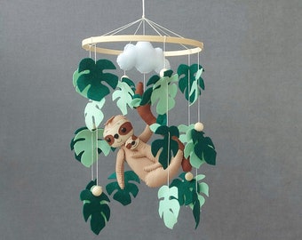 Baby mobile sloth, safari mobile, Jungle mobile for nursery decor. Nursery mobile eucalyptus leaves, Expecting mom gift, Animal mobile