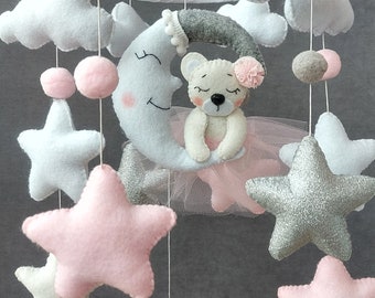 Baby Bear Mobile, Felt mobile, Moon Clouds Crib Mobile, Baby crib mobile, Teddy bear nursery, Baby shower gift