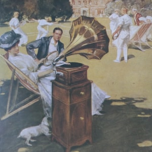 Vintage poster reproductie seizoensschilderij HMV Sheraton B grammofoon met tang fonograaf G&T Victor His Master's Voice grammofoon DGAG