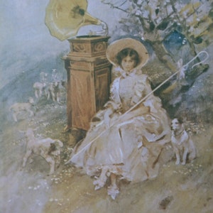 Vintage poster reproduction seasonal painting HMV Sheraton Gramophone with Nipper phonograph G&T Victor His Master&#39;s Voice grammophon DGAG