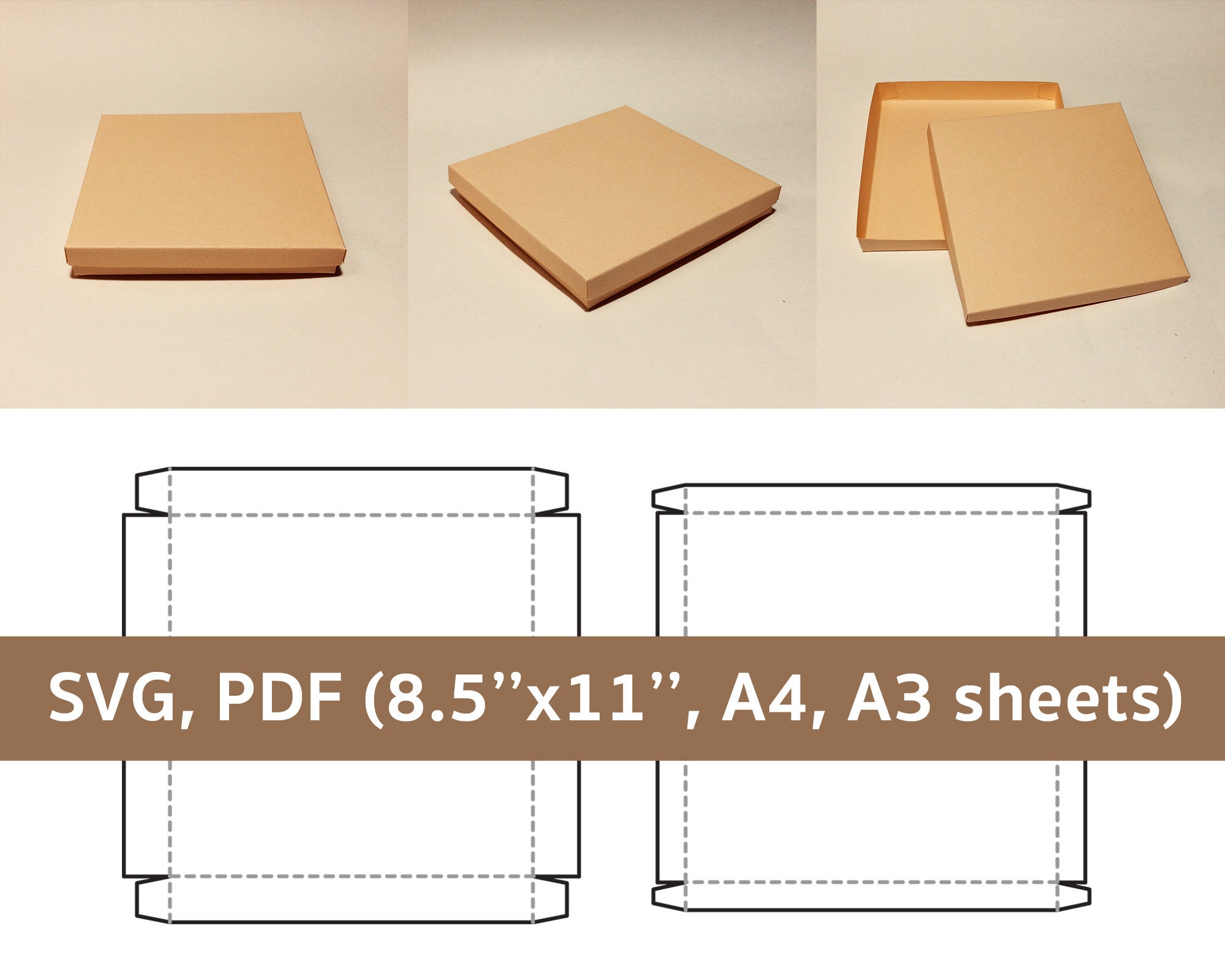 Flat square box template flat box with lid flat gift box Etsy