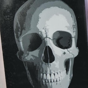 Puede incluir: Una ilustración en blanco y negro de un cráneo humano. El cráneo está pintado en tonos de gris y blanco, sobre un fondo negro.