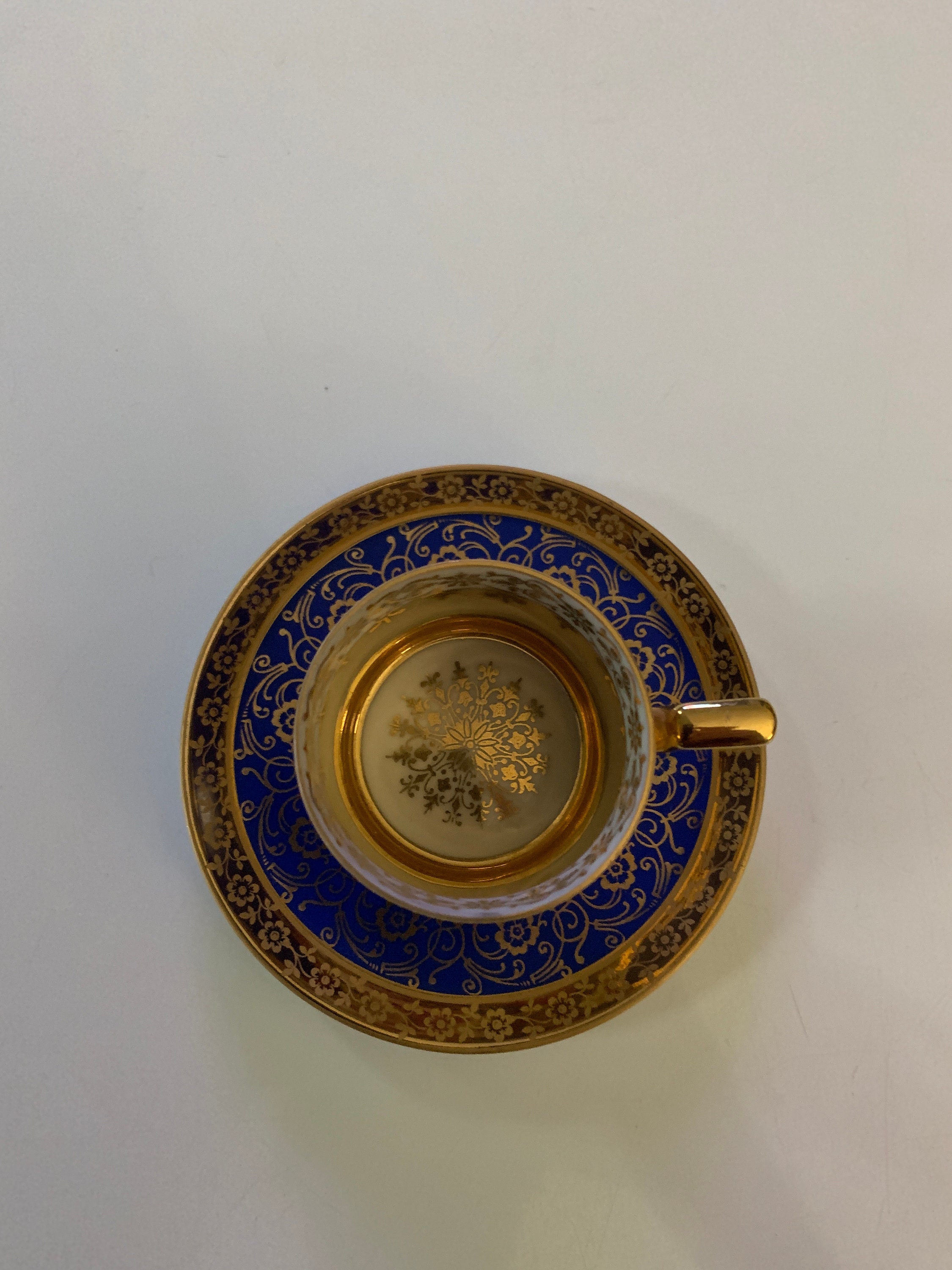 Vintage ELW Demitasse Cup &amp; Saucer Blue/gold Print BEAUTIFUL Condition ...