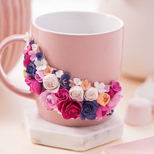 Polymer Clay Flower Decorated Mug Personalised Mug Polymer Etsy