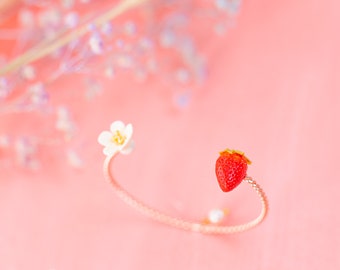 Red Strawberry Bracelet, Rose Gold Bangle, Strawberry and Bloom Bracelet, Cure Fruit Jewellery, Dainty Cuff Bracelet, Charm Bracelet,