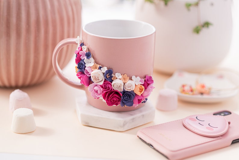 Polymer Clay Flower Decorated Mug Personalised Mug Polymer Etsy