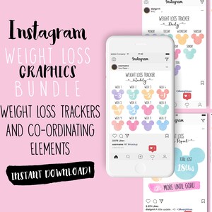 May include: A set of four Instagram post templates for tracking weight loss progress. The templates feature a pastel color scheme with Mickey Mouse ears and a watercolor background. The text on the templates includes "Weight Loss Tracker", "Daily", "Weekly", "Monthly", "Total Lost 18lbs", "12lb More Until Goal", "Weigh in Day", and "Swipe for More..."