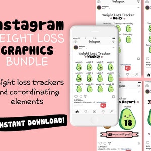 Op de afbeelding: Een set van vier Instagram-posttemplates met avocado-illustraties en tekst met betrekking tot het bijhouden van gewichtsverlies. De templates bevatten dagelijkse, wekelijkse, maandelijkse en weeg-dag trackers.