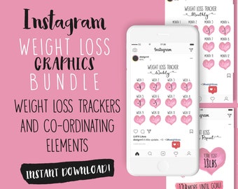 Instagram Weight Loss Tracker, Gráfico de dieta, Descarga digital, Weightloss Tracker, Mensual, Semanal, Planificador, Editable, Descarga instantánea, corazón
