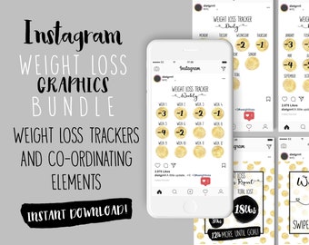 Instagram Weight Loss Tracker, Gráfico de Dieta, Descarga Digital, Weightloss Tracker, Mensual, Semanal, Editable, Descarga Instantánea, Negro y Oro