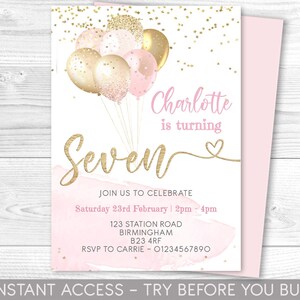 Peut inclure: Invitation d'anniversaire rose et or avec des ballons et des confettis. L'invitation indique "Charlotte a sept ans" et comprend la date, l'heure, l'adresse et les informations RSVP.