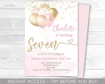 7th Birthday Invitation, Pink and Gold Balloons, Editable Party Invite, Girls seventh Birthday, Age 7, Balloons, Instant Download, Printable