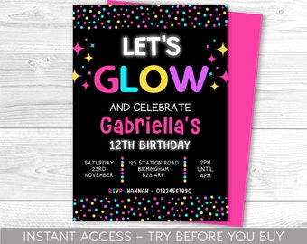 Glow Party Invitation instant download | neon glow in the dark party girls teen birthday invitation EDITABLE TEMPLATE pink purple stars