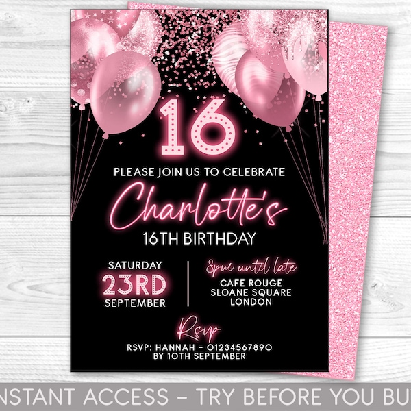 16th Birthday Invitation Editable 16th Invite pink neon black Invitation, Balloons, For Him or Her Instant Download Printable, ANY AGE