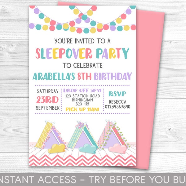Sleepover Party Invitation, Slumber Party Invite, Sleepover Tent Party, Teepee sleepover Party, personalised, editable, digital download