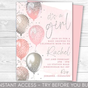 Pink and Silver Baby Shower Invitation, Editable Party Invite, It&#39;s a Girl, Baby Sprinkle, Balloons, Instant Download, Printable, New Baby