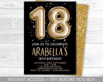 May include: Black and gold birthday invitation featuring a gold foil balloon shaped like the number 18. The invitation includes the text "Join us to celebrate Arabella's 18th Birthday" and event details. The right side has a gold glitter border.