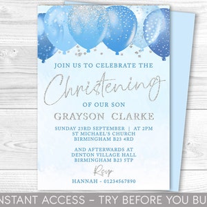 Blue and Silver Christening Invitation, Editable Baptism Invite, Baby Boy, Dedication, Balloons, Instant Download, Printable, New Baby